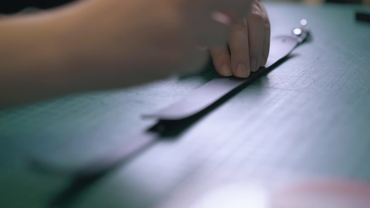 el diseñador experimentado dibuja puntos en una tira de cuero negro