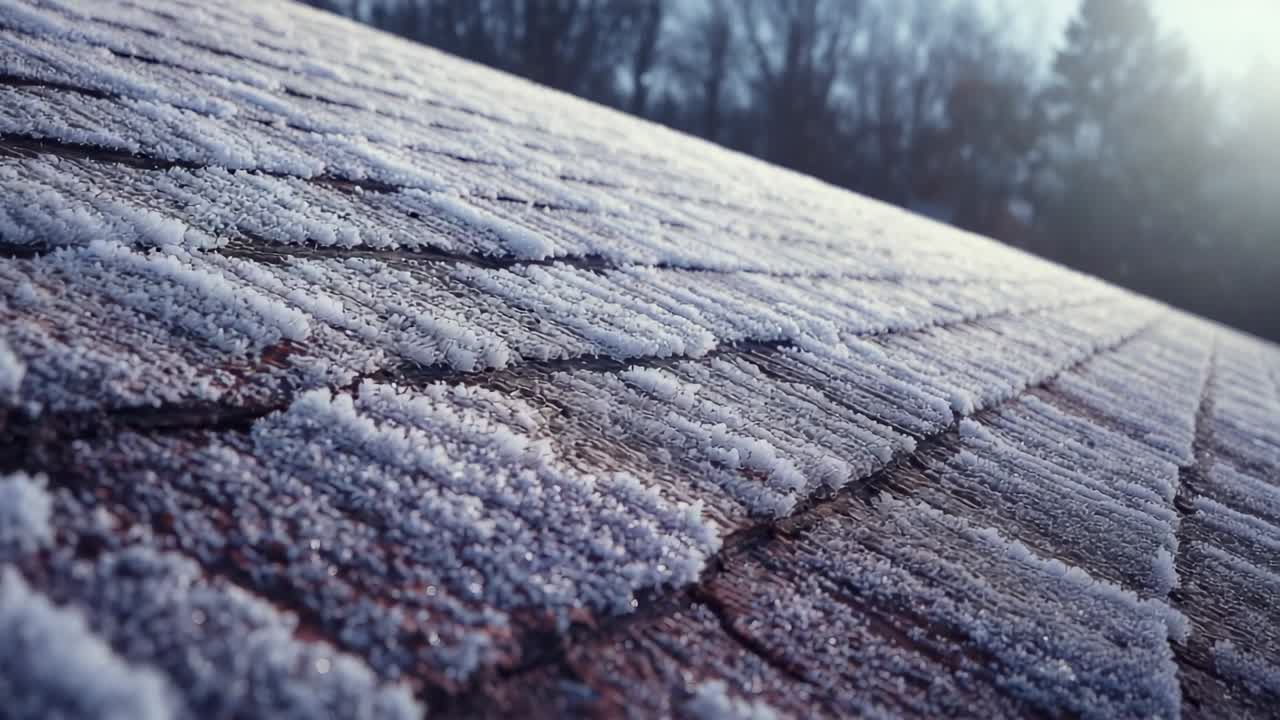 Gliding camera capturing frost crystals sparkling on wooden planks under rising sun glare in forest