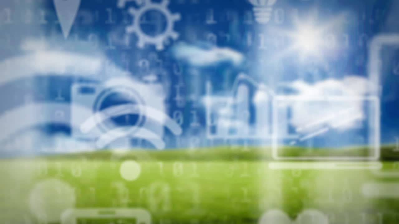 풍경 위에 떠다니는 와이파이와 디지털 아이콘의 애니메이션