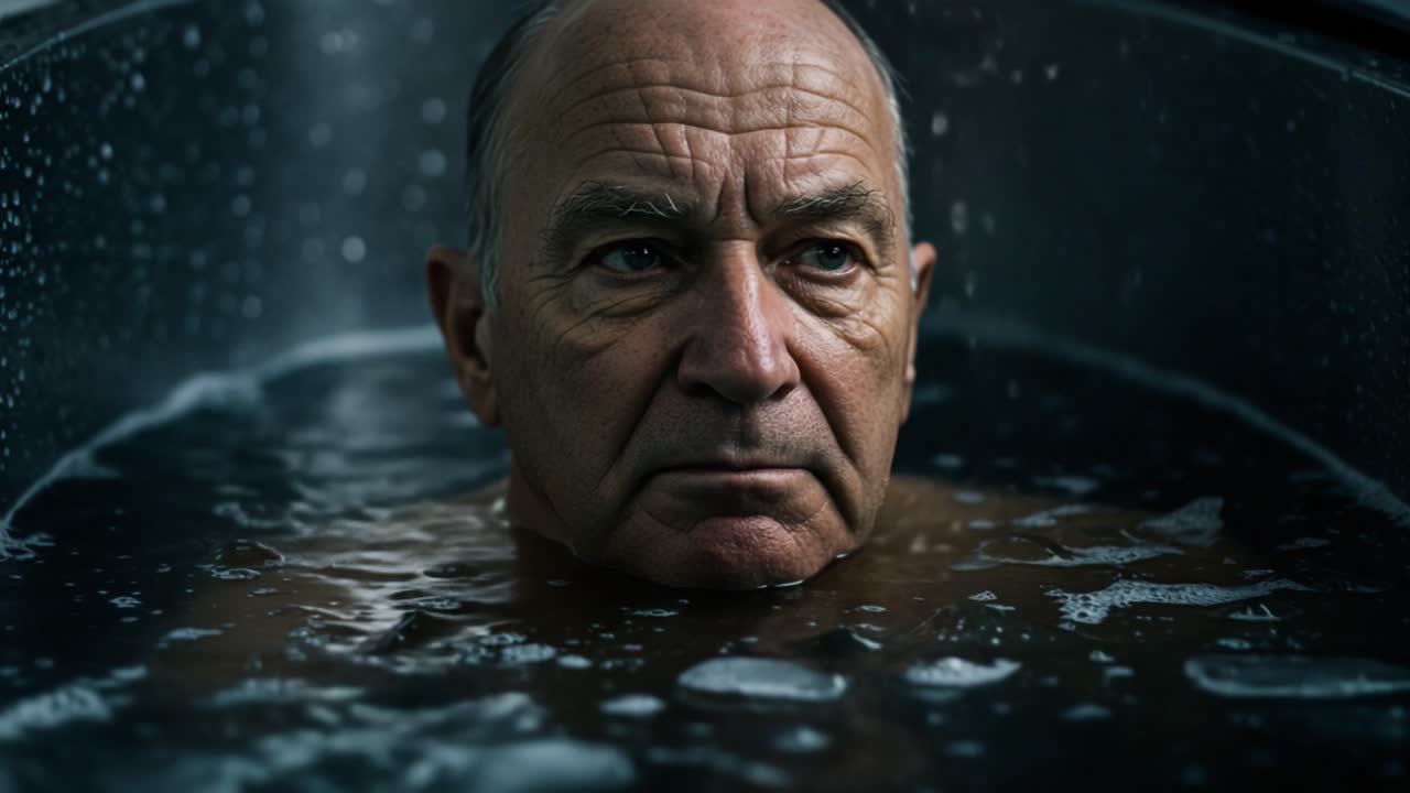 Profonda riflessione: un uomo anziano che contempla la vita immerso in una vasca da bagno piena d'acqua scura, catturando le profondità delle emozioni e delle esperienze