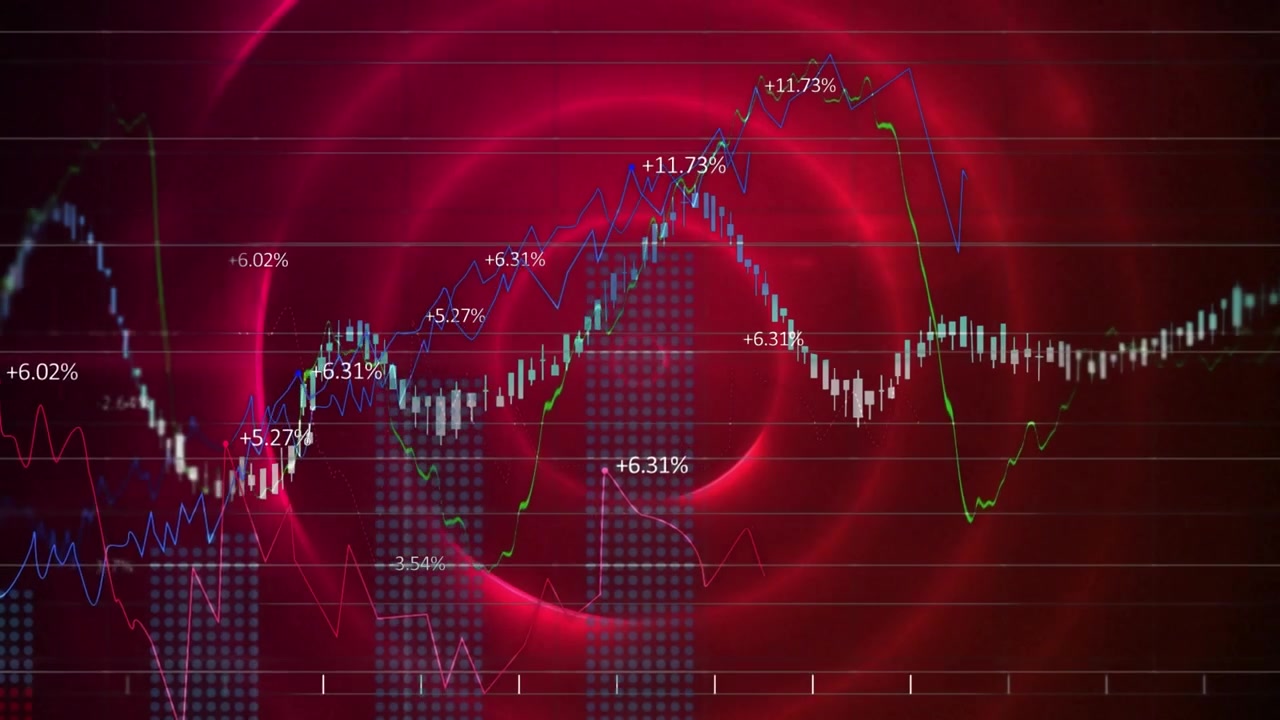 Animation of multiple graphs with numbers and grid pattern over illuminated red circular pattern