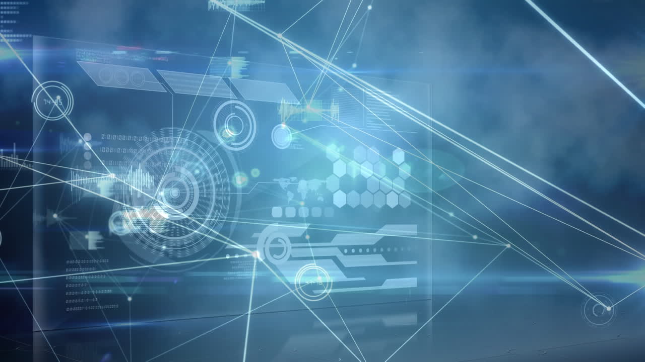 파란색 배경에 연결 네트워크와 데이터 처리의 애니메이션