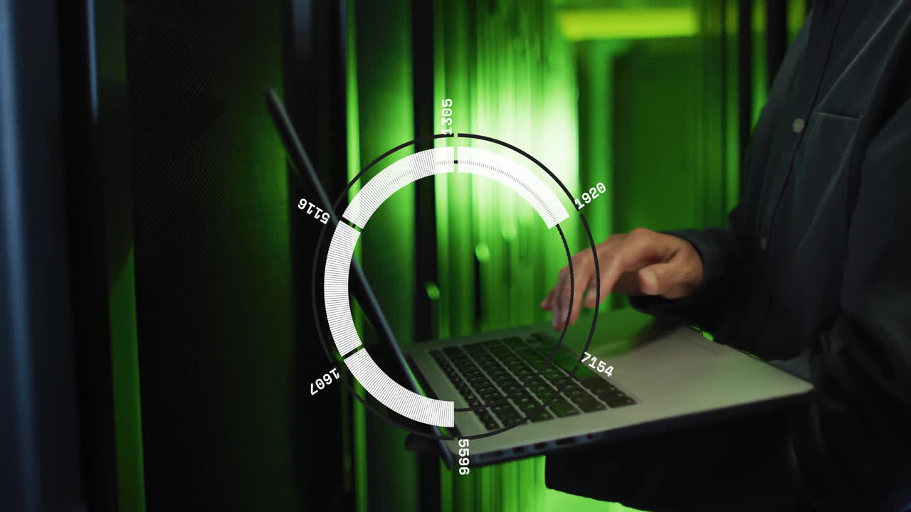 Using laptop in server room, person analyzing data with animation overlay
