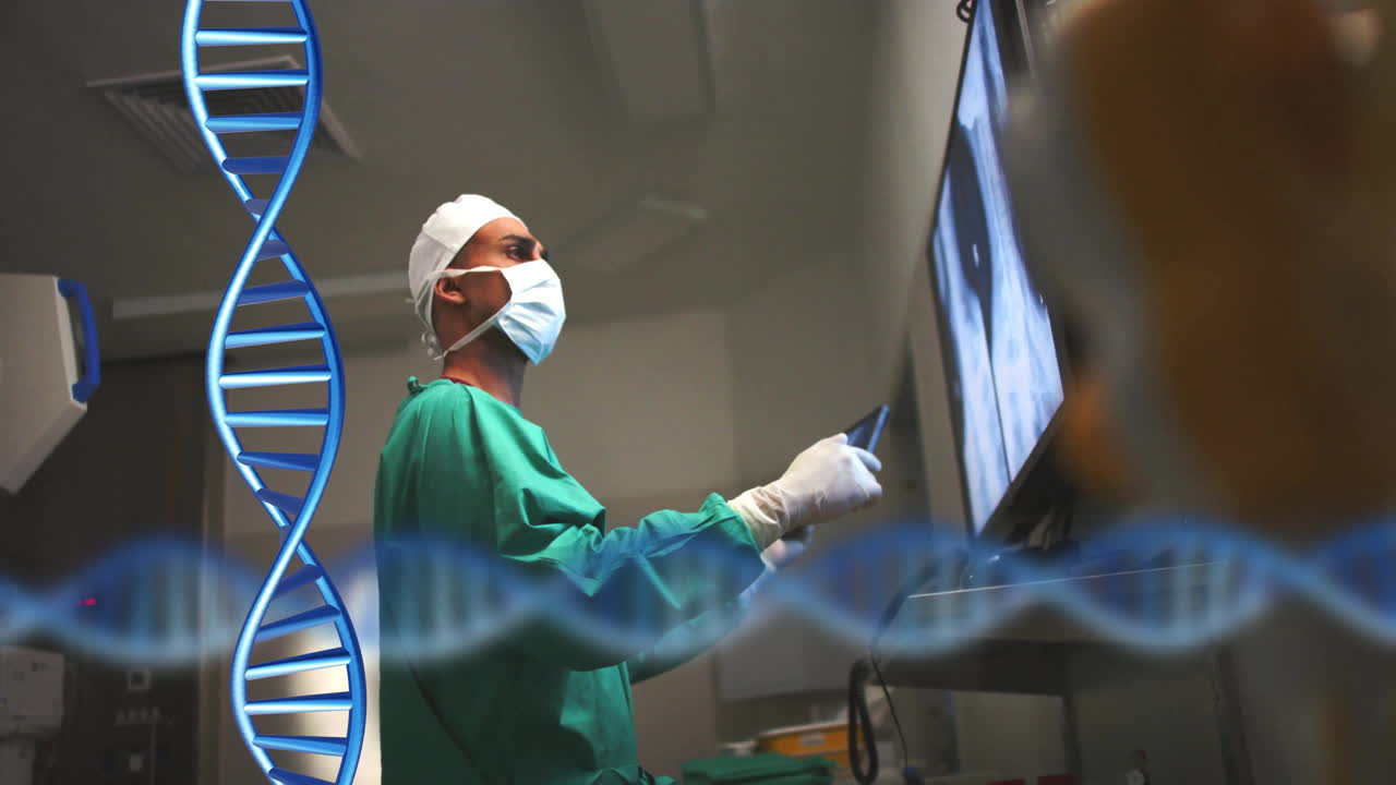 Animation of dna strands over caucasian male surgeon in hospital