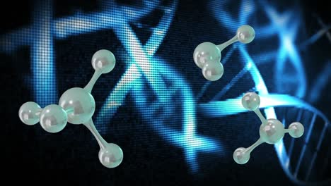 animación de micro 3d de moléculas y cadenas de adn en fondo azul