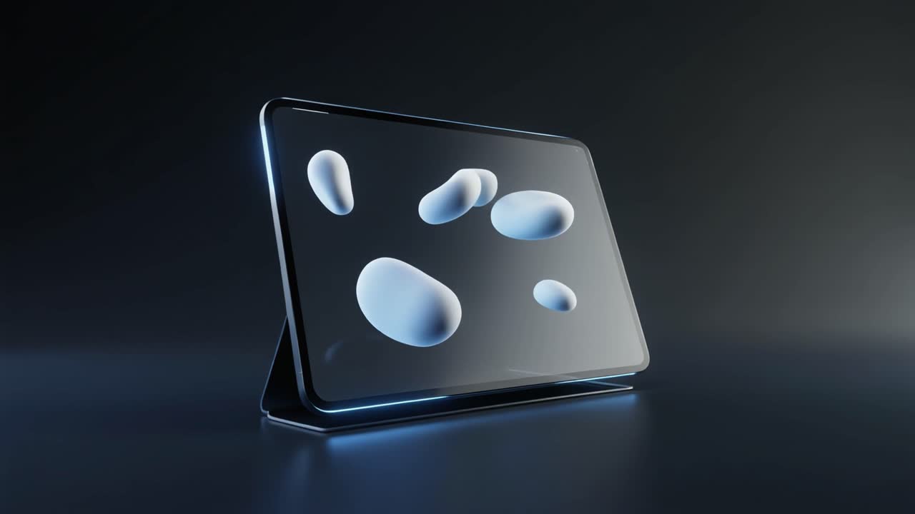 Forme liquide astratte 3D che si trasformano su uno schermo di tablet digitale