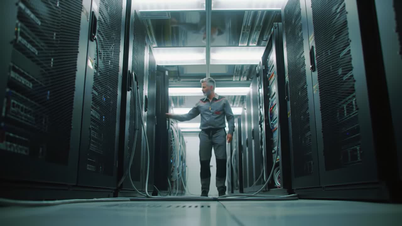 A Data Center Technician Performing Maintenance and Monitoring Tasks within a High-Tech Server Room, Ensuring Optimal Performance and Connectivity of Network Systems