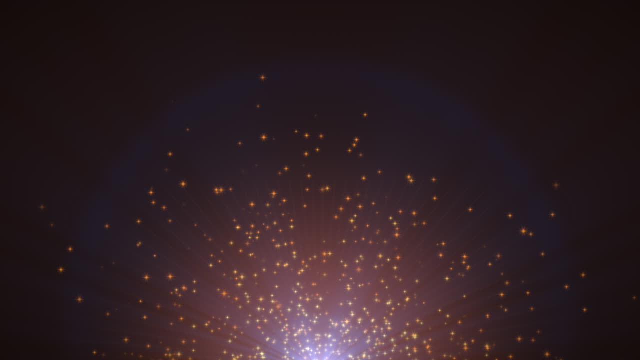 Sun rays and fly gold small particles on shiny background