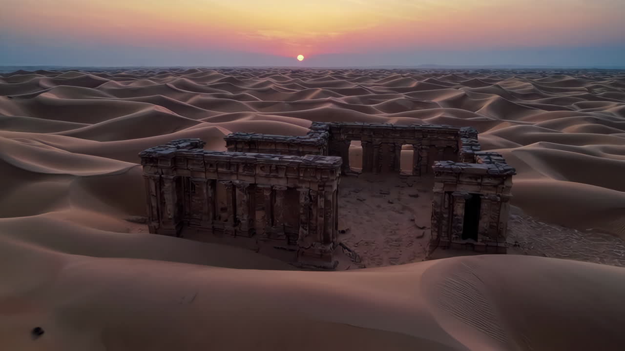 Ancient Temple Ruins in the Desert at Sunset