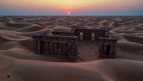 ancient temple ruins in the desert at sunset