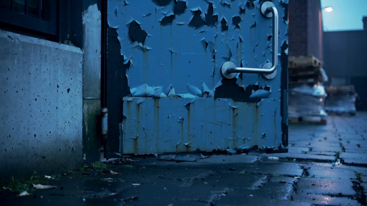 Starting shot moving camera closer in warehouse alley showing peeling blue door handle, wet pallets