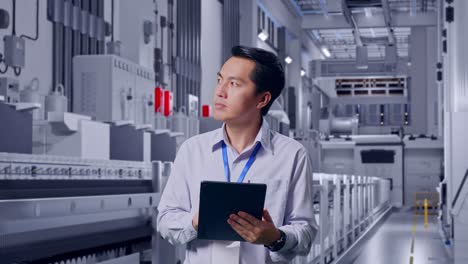 asian male professional worker standing with his tablet at pharmaceutical factory, vaccine production facility, he observes by looking around before he come to concentrating with his tablet