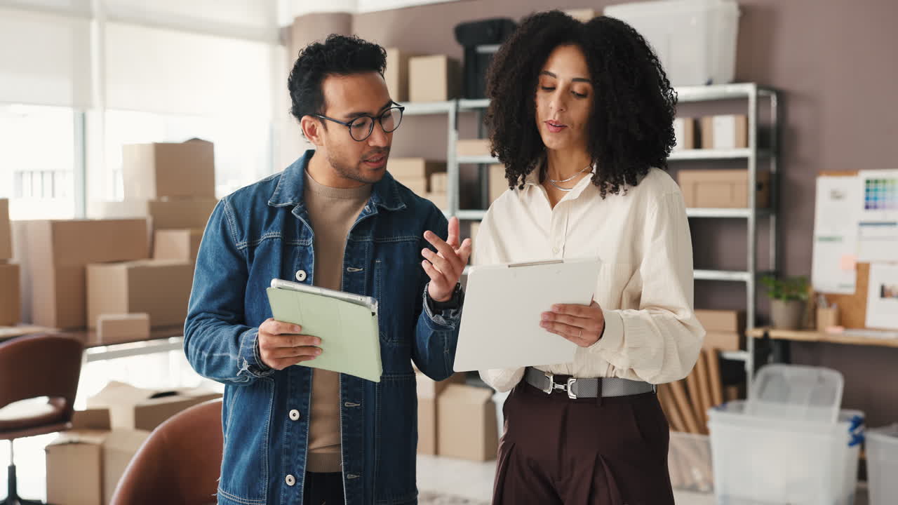 Due partner commerciali che discutono ordini in un piccolo magazzino