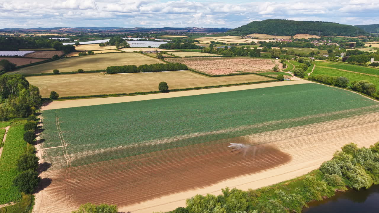 Aerial view of agricultural fields with irrigation