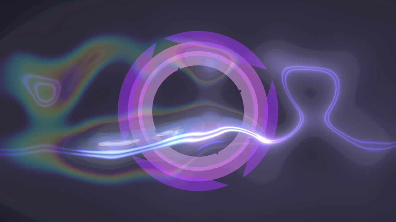 Animazione digitale di onde digitali blu contro scie luminose a spirale verdi su sfondo nero.
