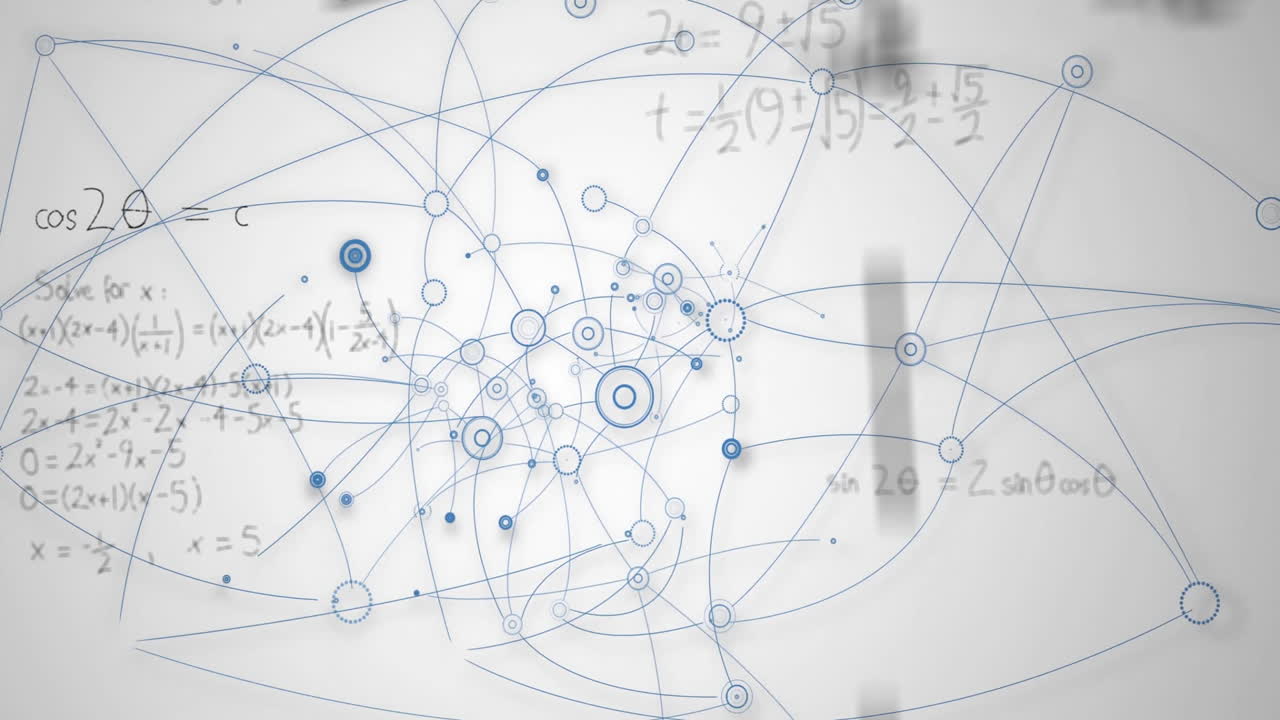 Animation of interconnected nodes and equations on white background