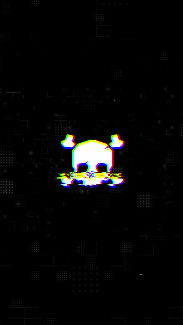 Glitch Art Animation of a Skull and Crossbones on Dark Background