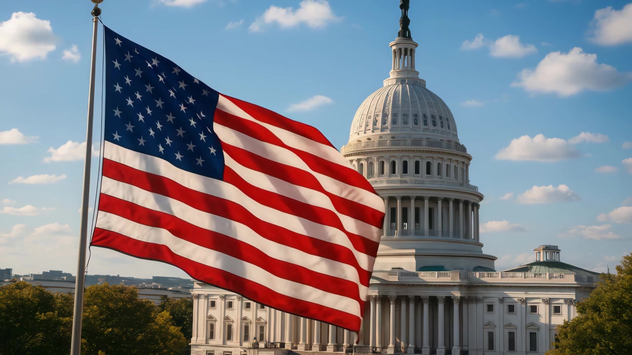 Bandeira dos Estados Unidos Ondulando em Frente ao Capitólio dos EUA