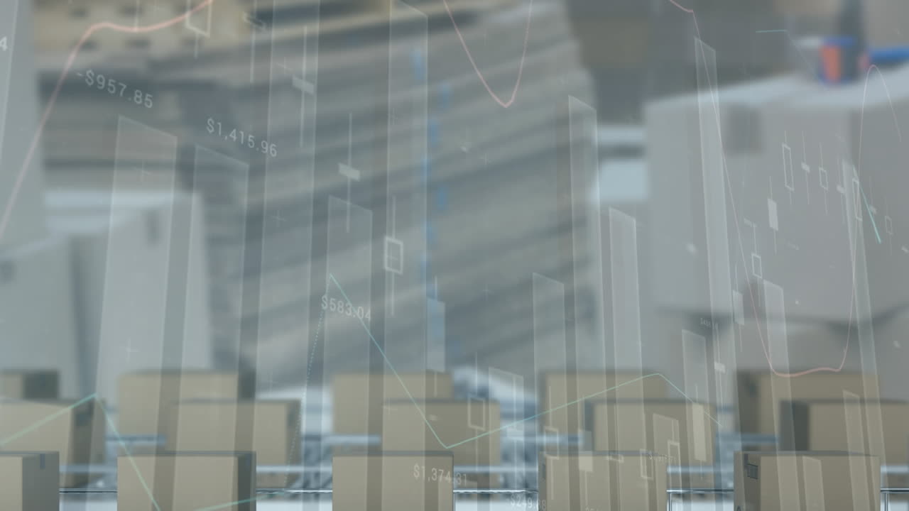 Statistical data processing over multiple delivery boxes on conveyor belt against warehouse