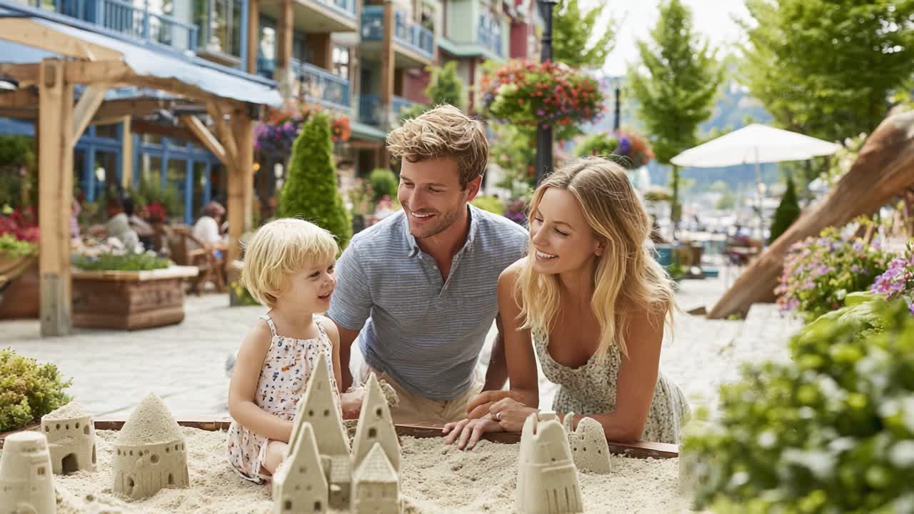 A Joyous Family Moment: Parents Encouraging Their Child as They Play in the Sand, Building Intricate Sandcastles Together at a Vibrant Outdoor Setting