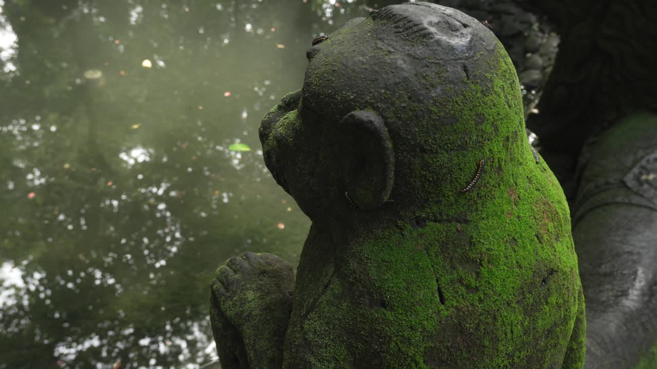 Monkey forest Ubud Bali sculpture covered in moss up-close Indonesia Southeast Asia