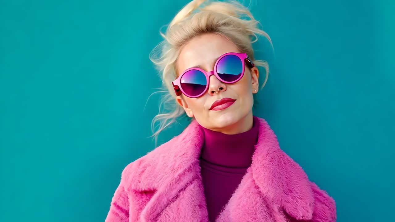 분홍색 모피 코트와 분홍색 선글라스를 입은 여자