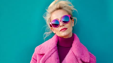 a woman in a pink fur coat and pink sunglasses