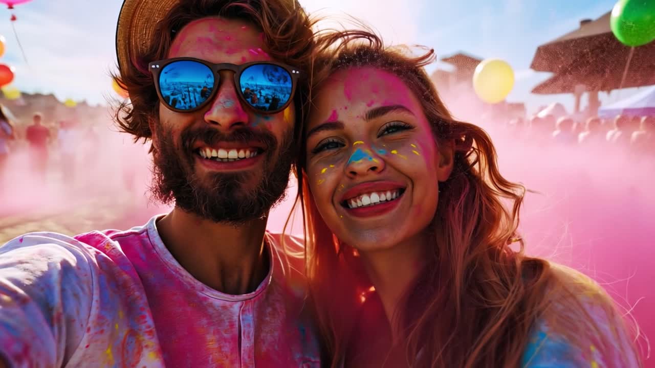 A joyful couple covered in colorful powder at a vibrant outdoor festival