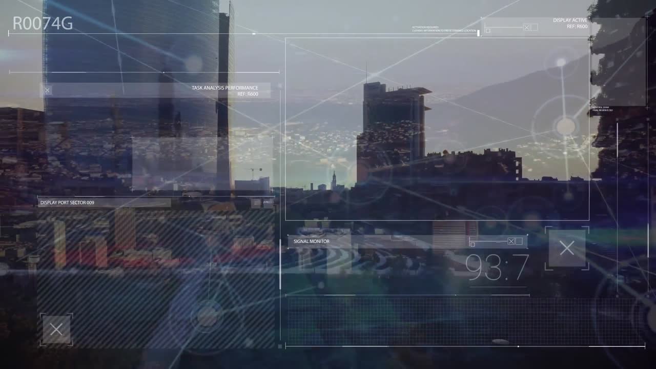Animation of network of connections and data processing over cityscape