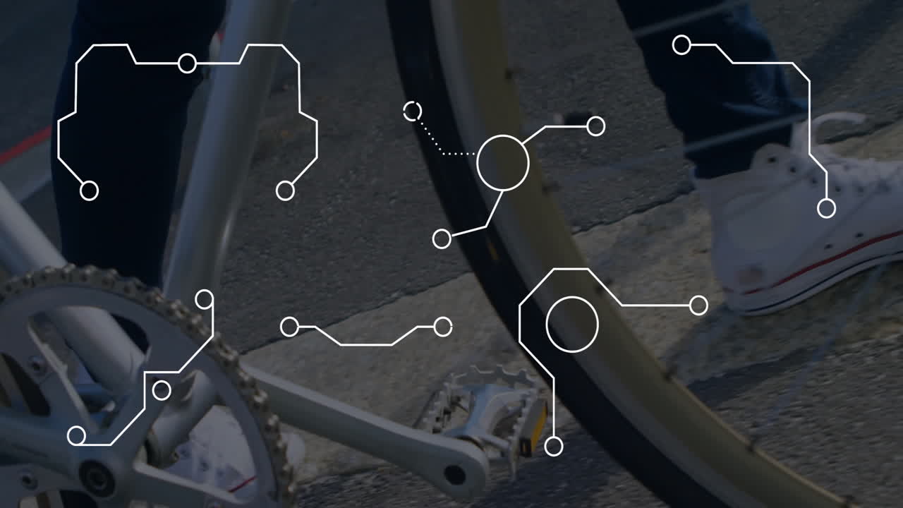 Bicycle wheel and foot with digital network connections overlay animation