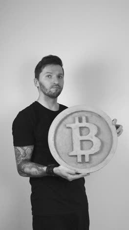 grayscale footage of a tattooed man showing a large concrete bitcoin cryptocurrency coin sculpture to the camera and not happy by shaking his head. the sculpture has texture and rough beautiful edges.