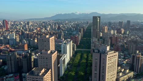 vuelo aéreo lento hacia adelante sobre la famosa carretera verde renai con árboles rodeados de edificios de gran altura y silueta de montañas en el fondo