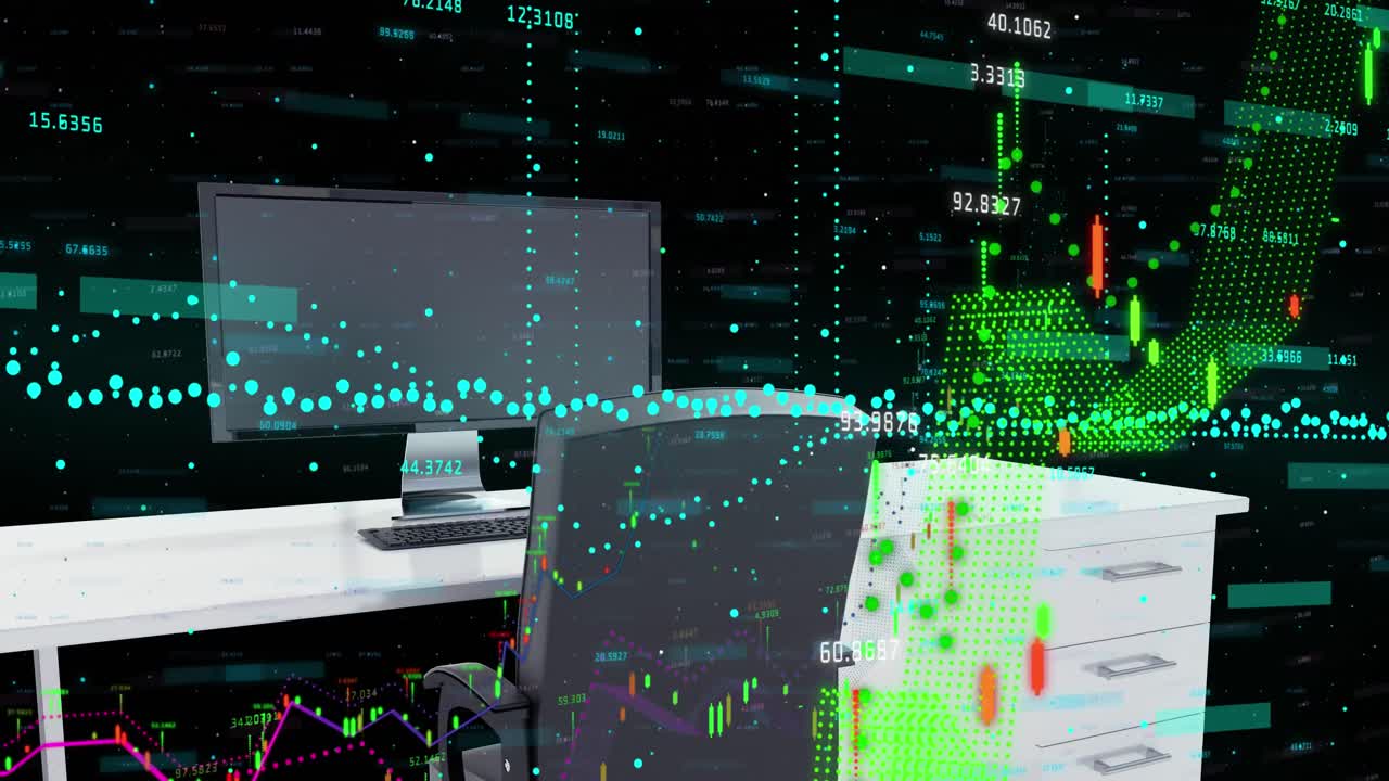 검은색 배경에 대한 3d 오피스 데스크 모델에 대한 금융 데이터 처리