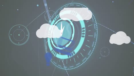 animación de reloj moviéndose rápidamente sobre nubes digitales y red de conexiones