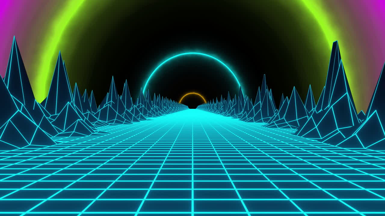 Animation of digital mountains over colourful shapes