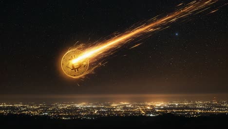 a glorious bitcoin meteor shower illuminates the night sky, signifying the power of cryptocurrency as it soars over a cityscape, captivating the imagination of enthusiasts