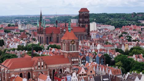 drone footage of the gdansk city center with tourist attractions, poland.