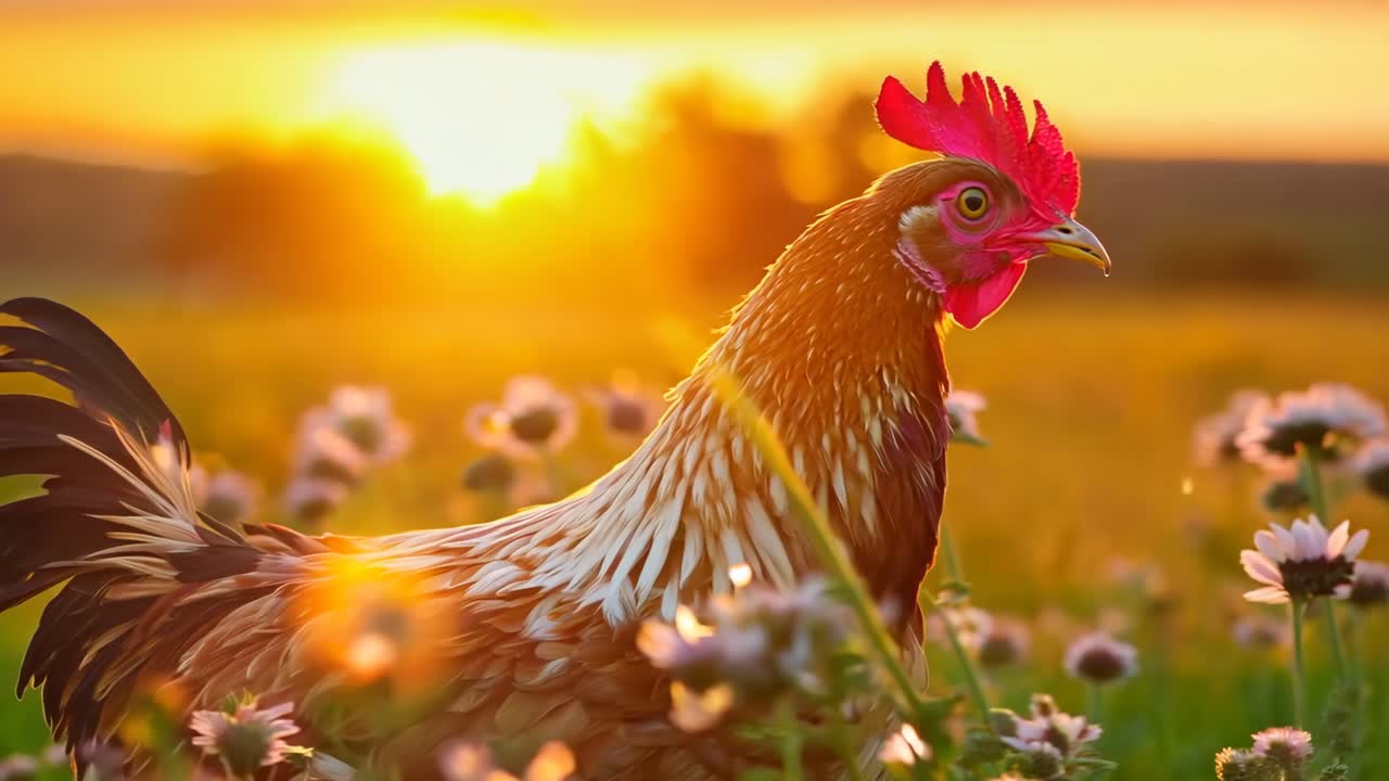 un gallo de pie en un campo de flores al atardecer