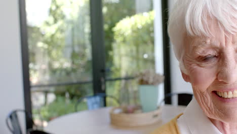 Portrait-of-happy-senior-caucasian-woman-smiling-at-home,-slow-motion,-copy-space