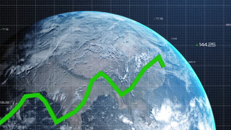 animation of graph with changing numbers and grid pattern over rotating globe