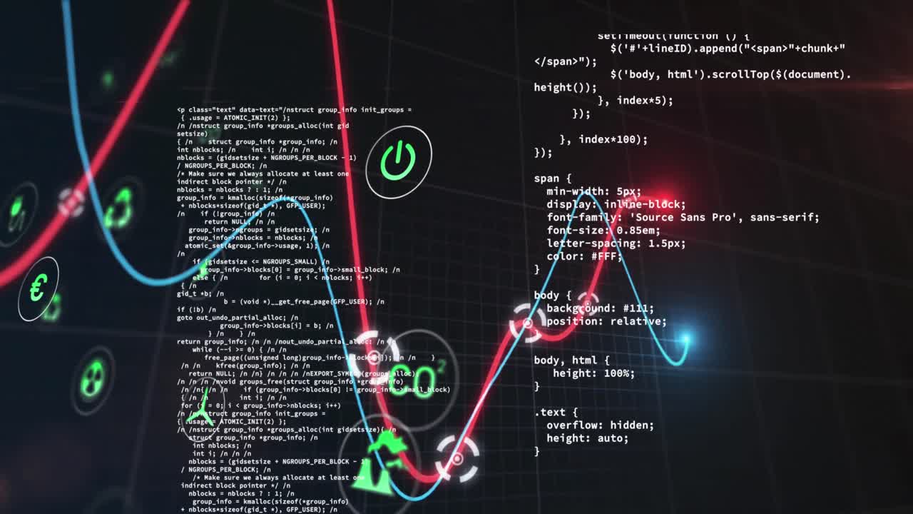 Animation of icons over data processing on black background