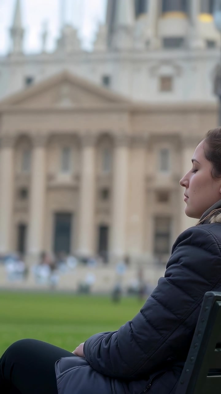 Video verticale: Gente che si nota, donna con piumino che si ferma, guarda il prato da una panchina, spazio per il testo.