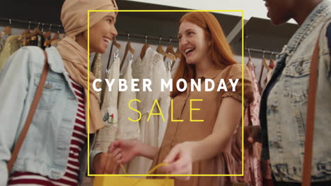 cyber monday sale animation over women shopping for clothes in store