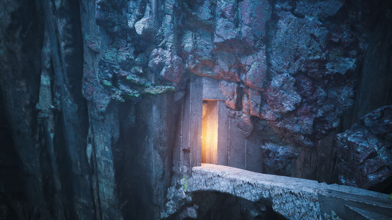 Mysterious glowing door embedded in rocky cliff during twilight hours