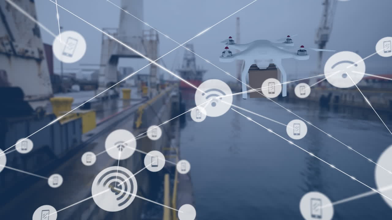 배경에 드론을 운반하는 상자와 포트 위의 아이콘으로 연결 네트워크의 애니메이션