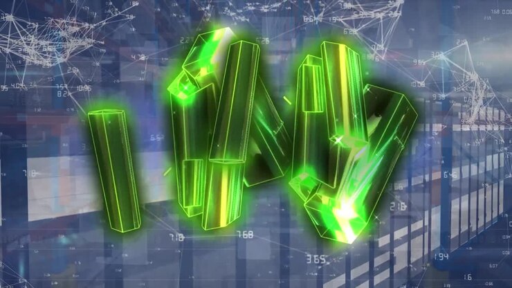Animation of glowing 3d shapes over server room