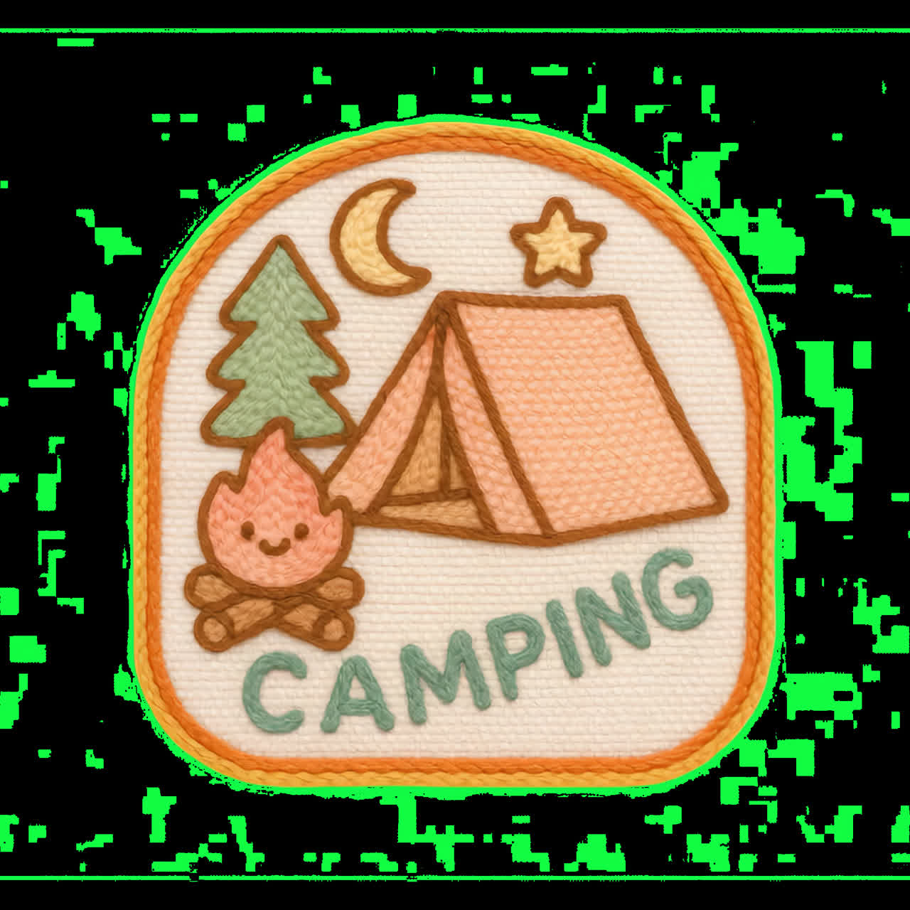 Cute embroidered camping patch animation isolated asset, transparent 4K video, alpha channel, ProRes