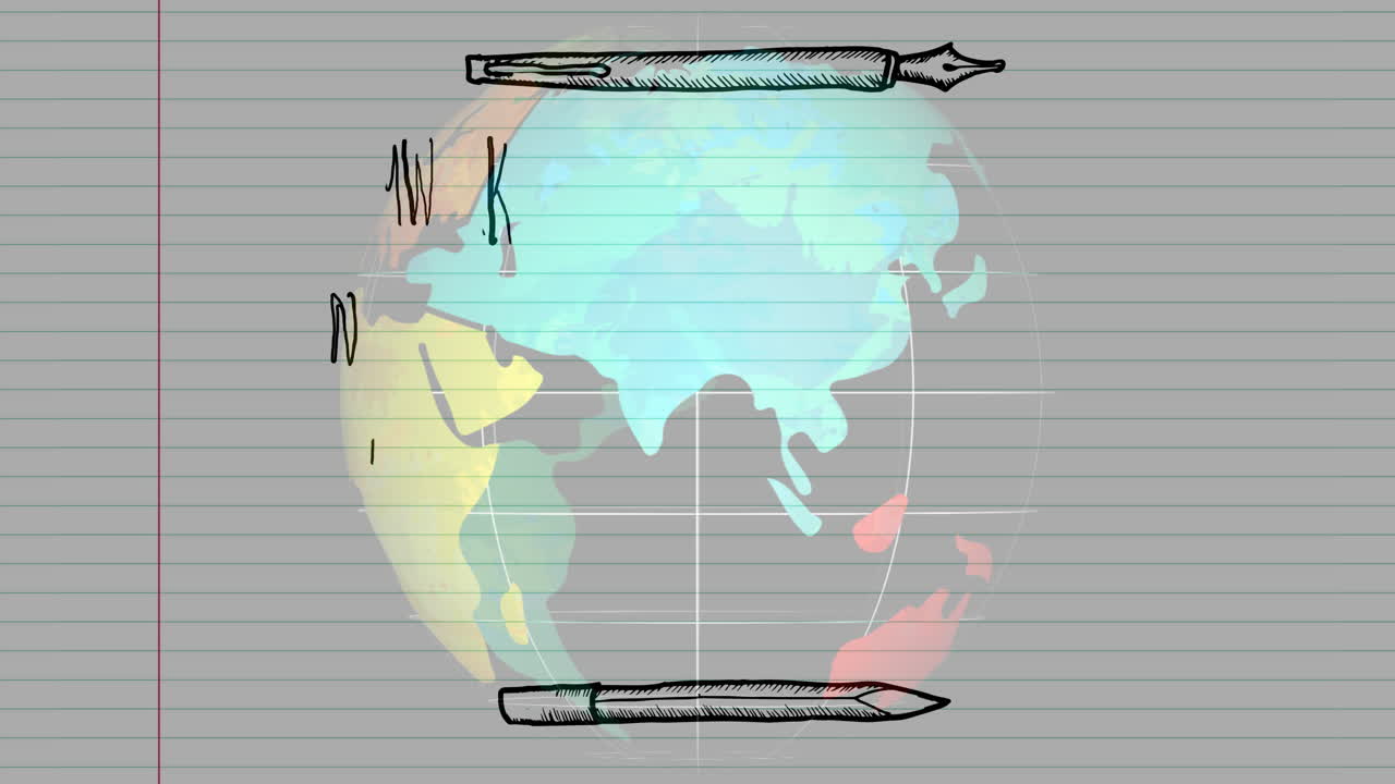 Animation of fountain pens and globe with text on lined background