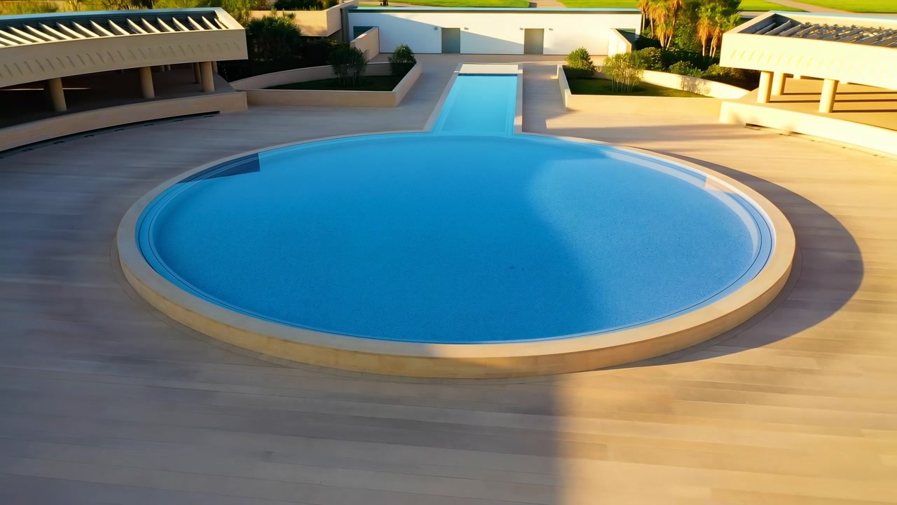 Højtliggende udsigt viser et moderne luksus poolkompleks med en stor cirkulær blå pool, en smal vandkanal, beige dækoverflader, minimalistiske hvide bygninger, anlagt grønt område og palmer.