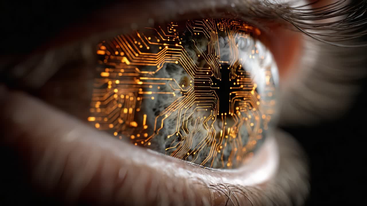 A Close-Up Perspective of a Technology-Infused Eye, Representing the Fusion of Human Vision and Advanced Digital Circuits within a Surreal Landscape